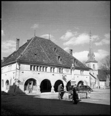 Val de Travers fountain parish hall Motiers 1950 Switzerland Old Photo