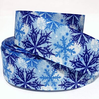 GROSGRAIN RIBBON 5/8'', 7/8'', 1.5'' & 3'' Snowflakes Blue Winter Christmas Printed 