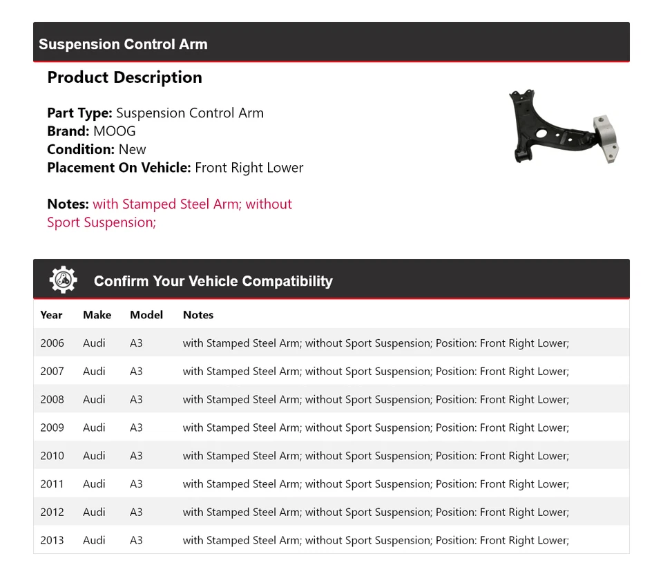 Brazo de control de suspensión delantero derecho inferior MOOG 2006 2007 para Audi A3 2006-2013 Foto 2 de 4