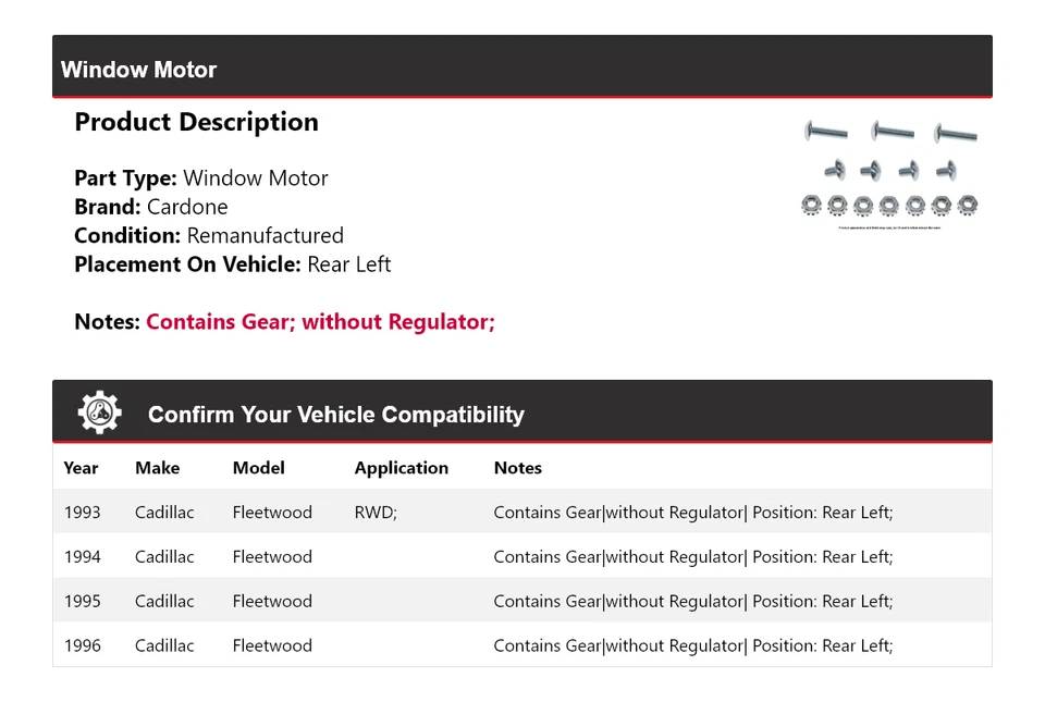 Para 1993-1996 Cadillac Fleetwood motor de janela traseiro esquerdo Cardone 1994 1995 - Imagem 2 de 3