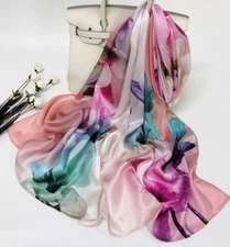 100% Silk Scarf Women neckerchief long Shawl Wrap floral red blue gray CX6-74