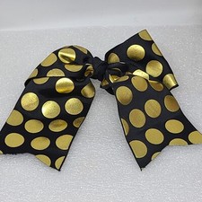 Large Hair Bow Ponytail Holder Elastic Black w/Gold Polka Dots