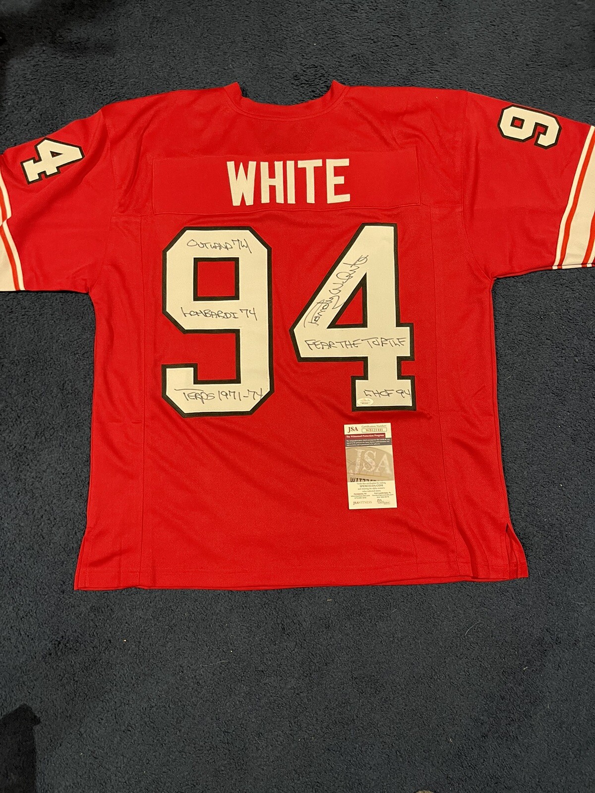 Randy White Autographed Signed Maryland Terrapins Stat JERSEY HOF 5 Inscriptions JSA Witness 