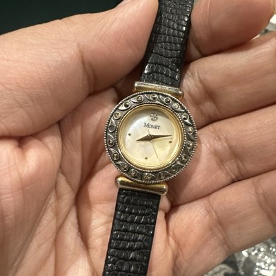 Works Monet Women's Analog Watch MOP DIAL DAINTY Black Leather 24mm Fit 7in