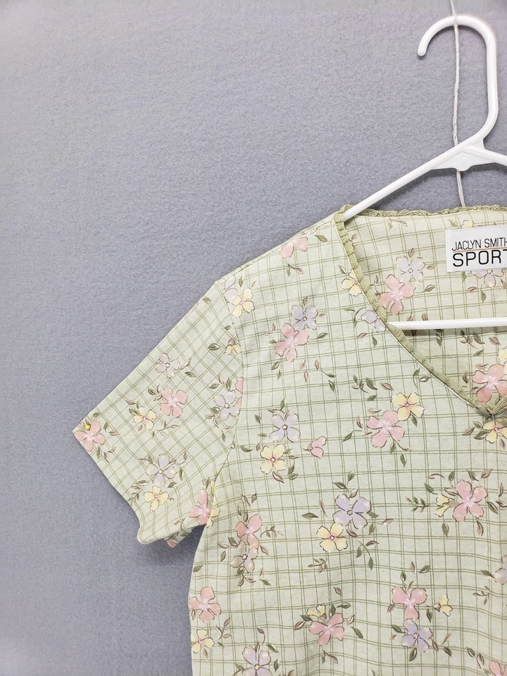 Camisa esportiva feminina Jaclyn Smith pequena verde floral xadrez manga curta primavera top - Imagem 2 de 4
