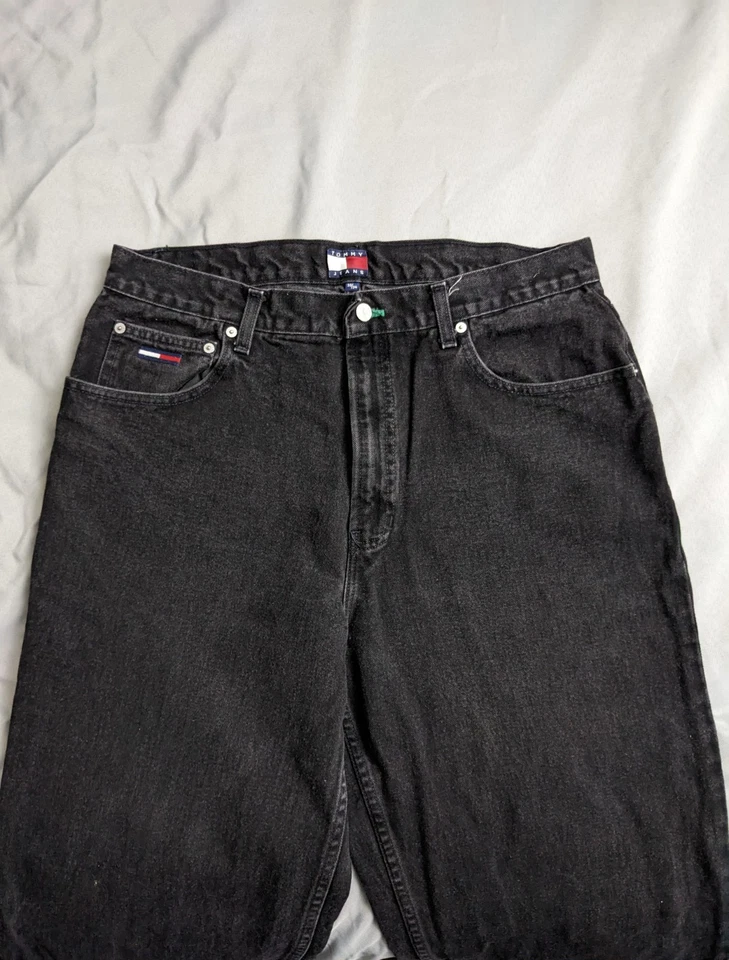 Vintage Tommy Hilfiger Jeans Mens Size 36X33 Black 90s Flag Logo Y2K Dark Wash - Image 2 of 4