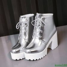 Womens Glitter Patent Leather Lace Up High Heel platform Ankle Boots Shoes