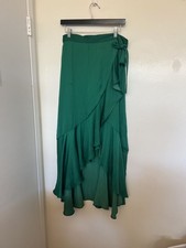 Anthropologie Maeve Green Satin Ruffled Asymmetrical Wrap Maxi Skirt Size M