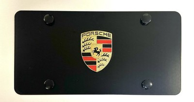 3D Macan Panamera Emblem Stainless Steel Front Black License Plate W/ Caps