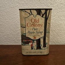 5" Vintage Old Colony Pure Maple Syrup Tin Can Newport Vermont Winter Scene