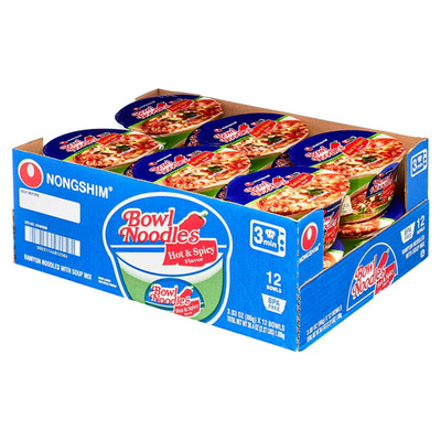 Nongshim Bowl Noodle Hot & Spicy Ramen Noodle Soup Bowl, 3.03oz X 12, Shelf-Sta