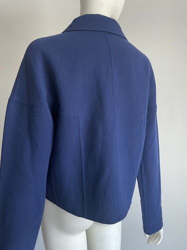 Bill Blass S/M Vintage 1990s Blue Wool Boxy Cropped Light Jacket Leather Buttons - Picture 11 of 17