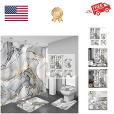 4PCS Grey Marble Bathroom Sets with Shower Curtain and Rugs, Abstract Shower ...