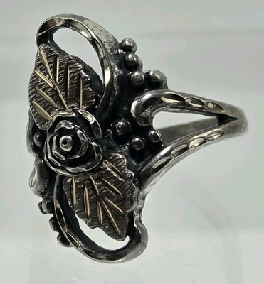 #ad Wheeler Manufacturing Co. 925 Sterling Silver Ring Rose amp; Leaves Etched SZ 6.75 $22.96