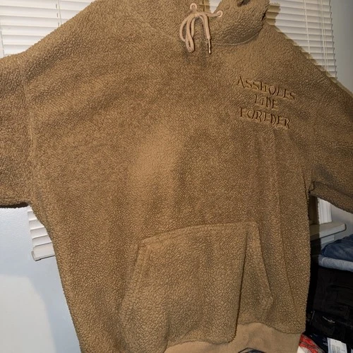 ASSHOLES*S LIVE FOREVER Khaki High Pile Fleece Hoodie Logo Back & Chest Size L - product listing photo