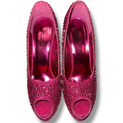 Jeru Rhinestone Platform Heels Open Toe Stiletto Fuchsia Pink Size 10 - Picture 7 of 13