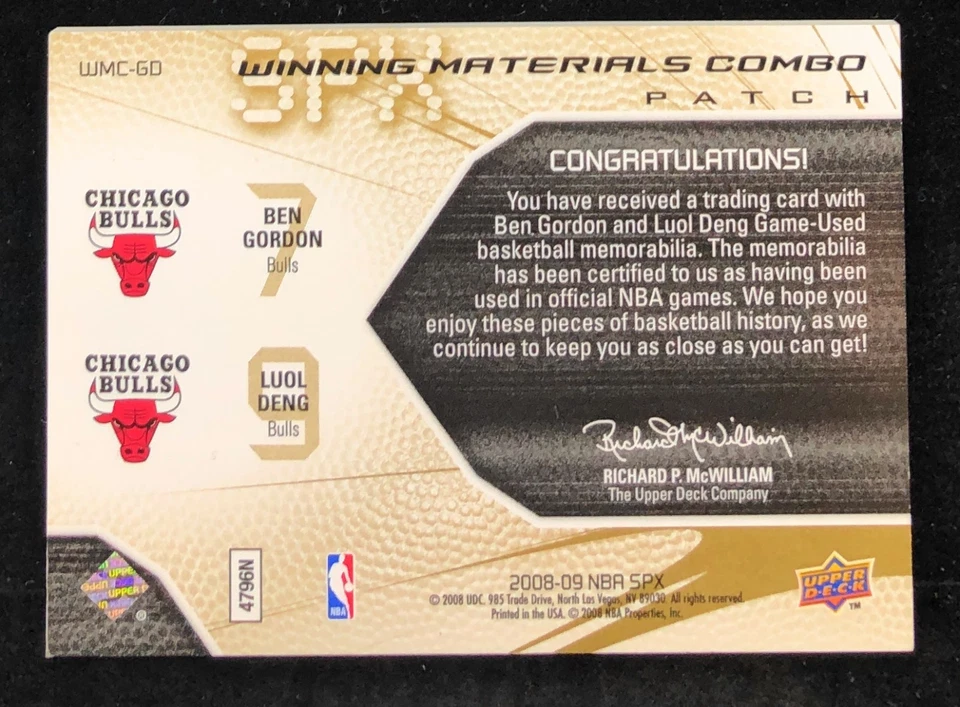 2008-09 SPX Ben Gordon Luol Deng победные материалы дуэт нашивка на футболку /25 SSP - Изображение 2 из 2