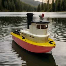 Vintage Battery Operated Plastic TUG BOAT w/"T" on Smokestack Working w/ Sounds