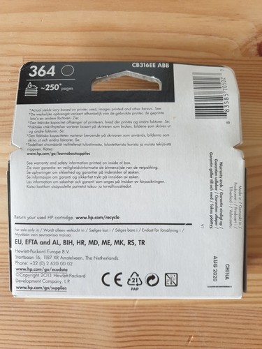New/Sealed- HP 364 Black Cartridge - Genuine - Best use: aug 2020 - Afbeelding 2 van 3