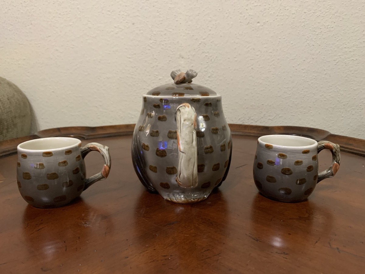 Fitz & Floyd Spotted Owl Teapot & Cups 3 Piece Set 1978