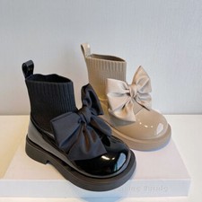 GIRLS KIDS WEDDING SCHOOL WARM ANKLE BOOTS KNITTED SPAINSH BOW PUMPS FLAT SHOES