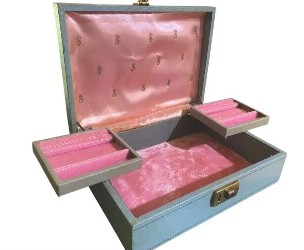 Joyero Vintage Azul Aqua Forro Terciopelo Rosa Joyero Retro  Foto 2 de 4