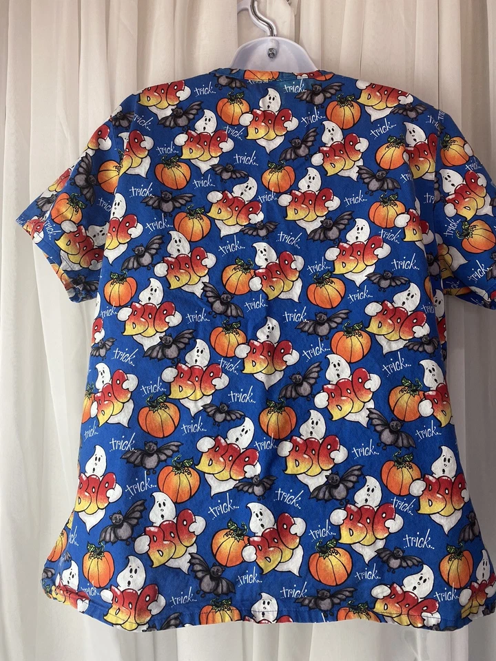 Scrubwear Large Bats Ghosts Boo Pumpkins Blue Halloween Scrub Top 2 pockets Fall - Image 2 of 4