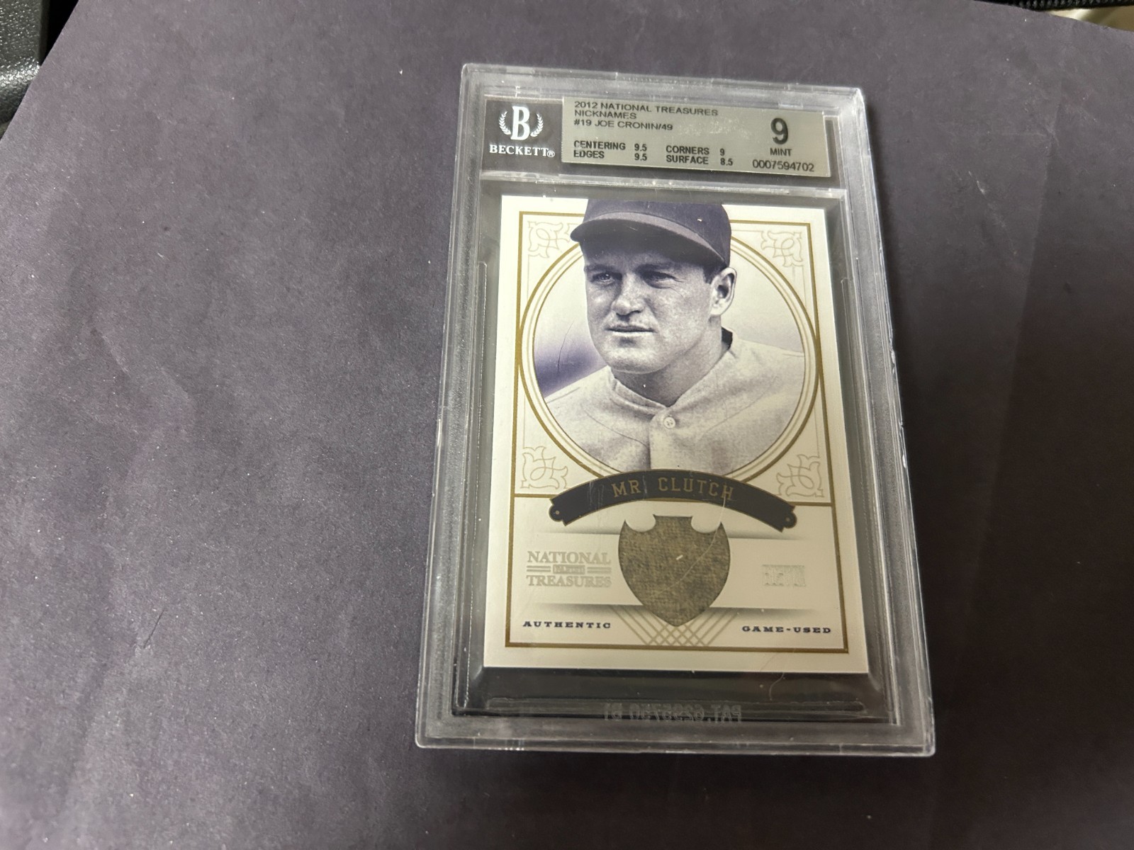 orig. 2012 NATIONAL TREASURES JOE CRONIN game used jersey CARD..BECKETT MINT 9