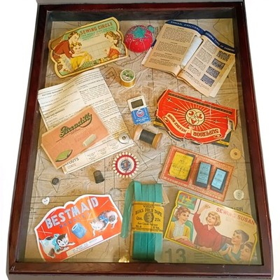 Vintage Sewing Shadow Box Frame Ephemera Art Needle Books Notion Collage Decor