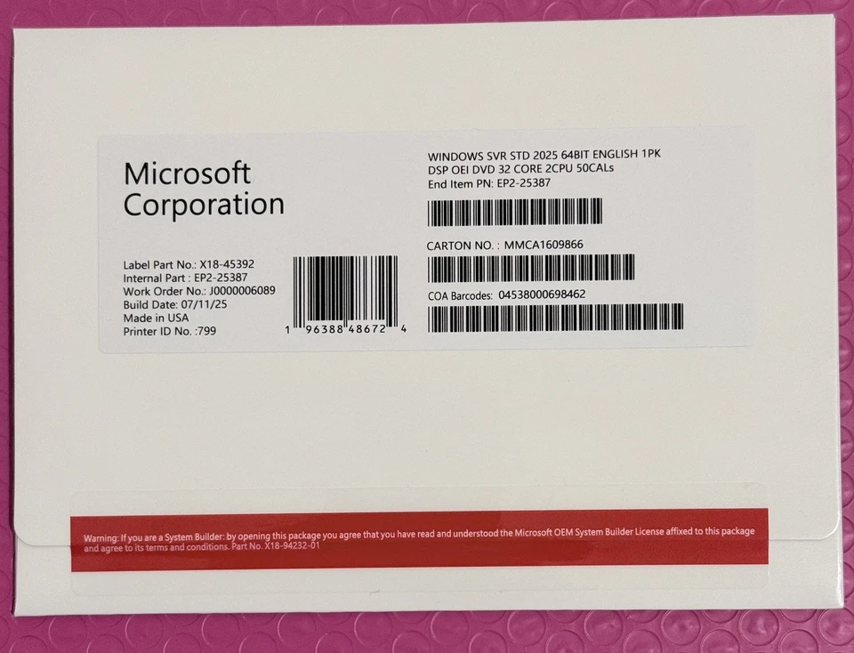 Microsoft Windows Server 2025 Standard 64bit 32 Core-50 CALs DVD With Key Sealed - image 1 of 2