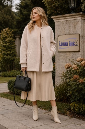 & Other Stories Knit-Collar Textured Insulated Wool Coat Jacket Beige Sz 12