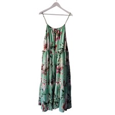 Farm Rio Dress Floral Print Halter Neck Sleeveless Tiered Midi Mint Green Size M