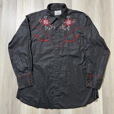 Vintage 1970s H Bar C Western Ranchwear Black Pearl Snap Shirt with Red Stitch