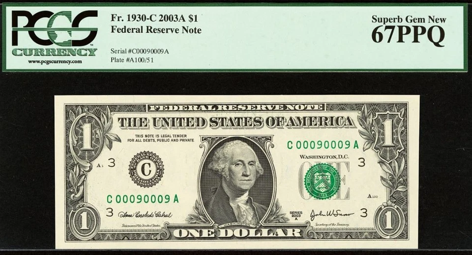 2003A $1 Federal Reserve Note PCGS 67PPQ - Fancy Repeater Serial Number 00090009 - Image 2 of 3