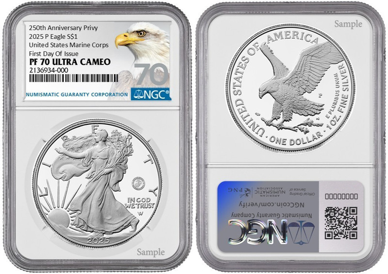  2025 P Silver Eagle S$1 U.S Marine Corps NGC PF70 UC First Day Of Issue #936