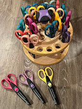 Assorted Decorative Craft Scissors Lot with Wooden Rotating Holder Stand