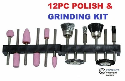 AMTACH 12pc Polish Wire Brush Wheel Stone Tool Set Kit for Rotary Drill Dremel Grinding