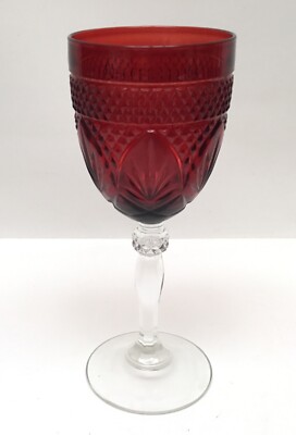 Ruby Red Pressed Glass Wine 8  Clear Stem Fan Diamond Cut