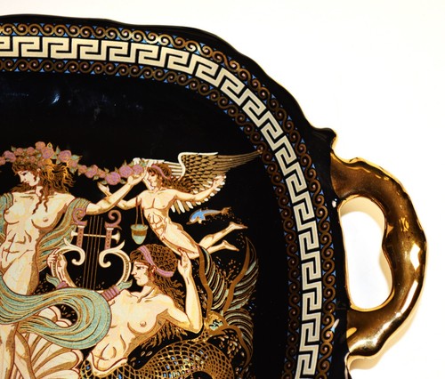 E.M Handmade GREECE Black 24K Gold Decor MYTHOLOGY 8 1/2" x 11 1/2" Handled Tray - Picture 2 of 4