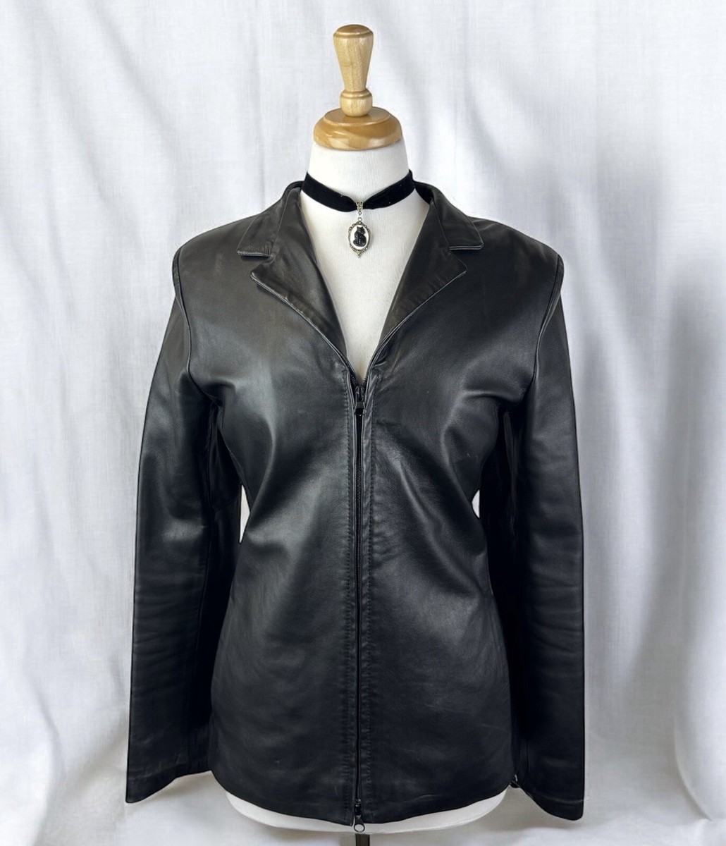 Vintage 90s Black Genuine Leather Zip Up Jacket Coat Grunge Moto