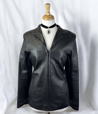 Vintage 90s Black Genuine Leather Zip Up Jacket Coat Grunge Moto