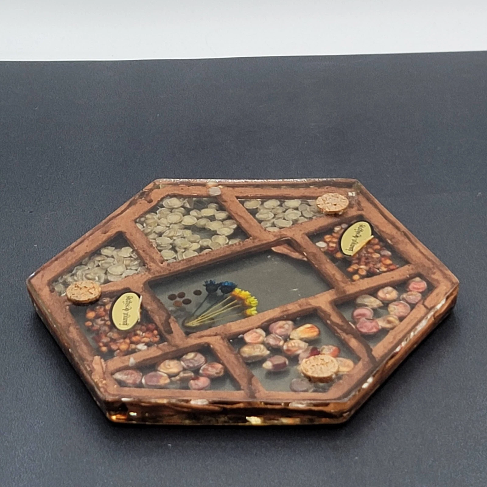 Vintage Gamut Designs Trivet Dried Flowers Seeds Boho Mid Century Hexagon 5.5" image 7
