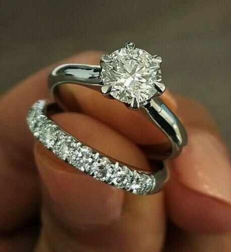 Round Cut 3.50Ct Moissanite Engagement Ring Set Solid 14k White Gold in Size 7 - Picture 3 of 3