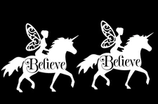 Believe Fairy Riding Unicorn Two 5" White Vinyl Decal Car Window Truck Laptop