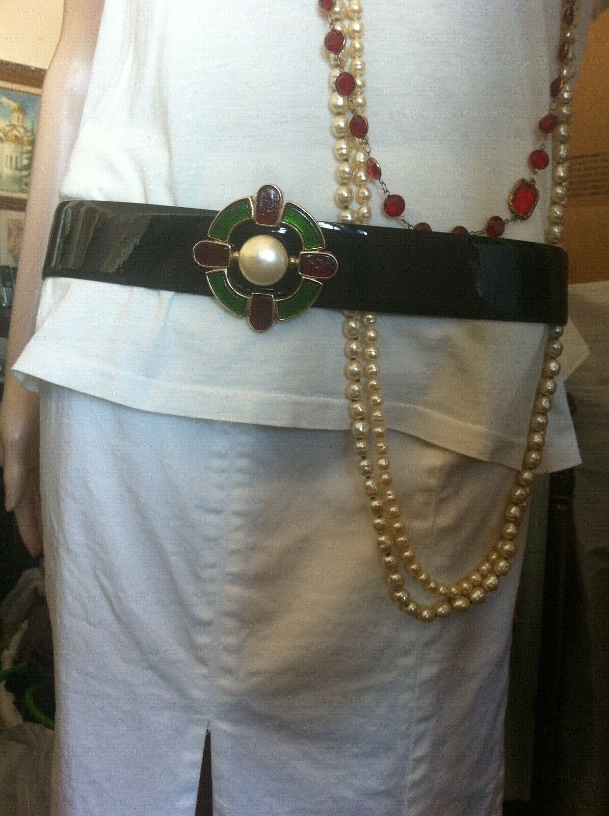 NWT Monte Carlo 2007 Jewelry Collection CHANEL Gripoix BELT Blk Patent Gld Chain image 6