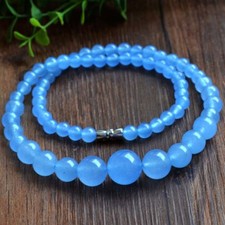 Beautiful Natural 6-14mm Blue Jade Round Gemstone Beads Necklace 18''