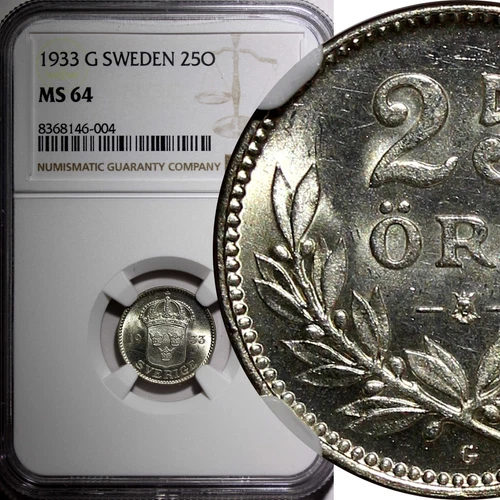 Sweden Gustaf V Silver 1933 G 25 Öre BETTER DATE NGC MS64 BU COIN KM# 785 (004)