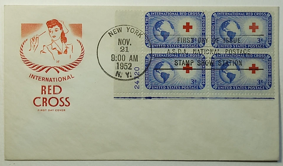 1952 FDC  Intl. Red Cross 3c House of Farnam Complete Set of3 Plate Blk SC #1016 - Image 2 of 4