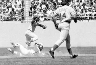 Dodgers Ron Cey is tagged out as he slides under Reds Dave Concepc - Old Photo