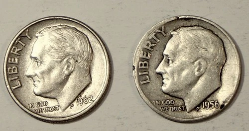Two Roosevelt Silver Dimes, 1962 and 1956D, VG and Fine, 90% Silver, Free Ship